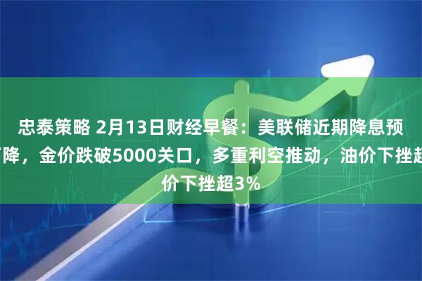忠泰策略 2月13日财经早餐:美联储近期降息预期下降,金价跌破5000关口,多重利空推动,油价下挫超3%